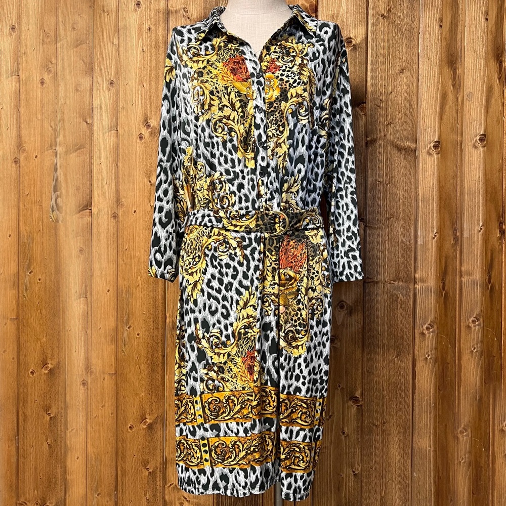 Tacera 2X Ling Sleeve Belted Animal Print & Baroque ShirtDress - Picture 2 of 8